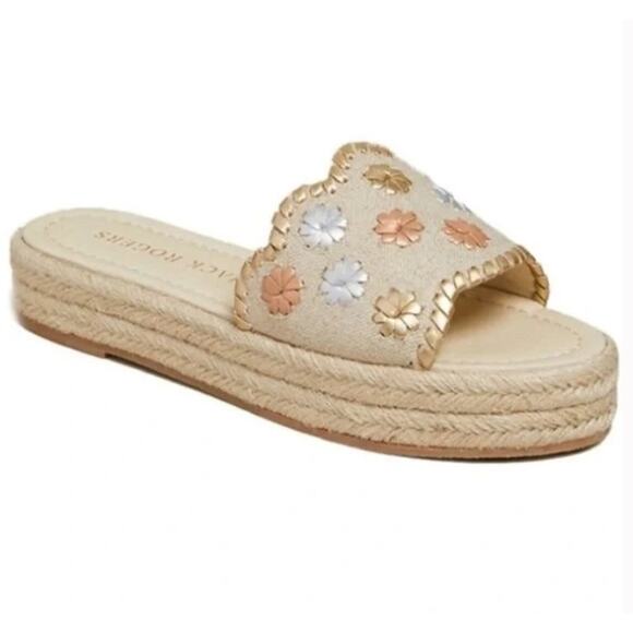 Jack Rogers Palmer Slides Womens Size 8 Ecru Metallic Linen Espadrille Sandals - Picture 1 of 9